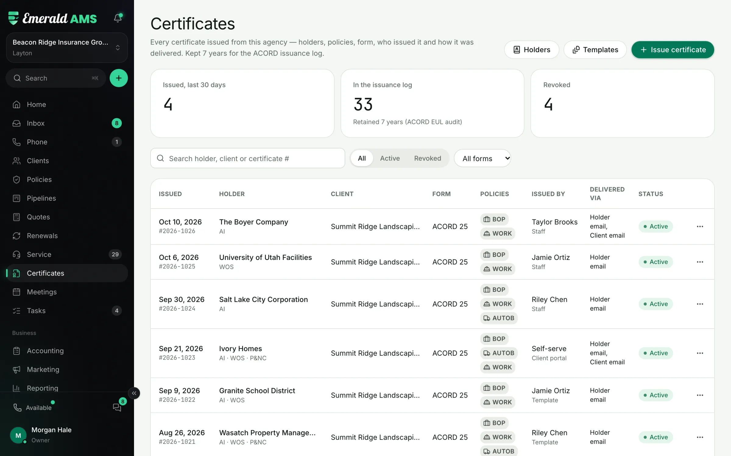 Certificates log of ACORD 25 issued to holders, with delivery and status