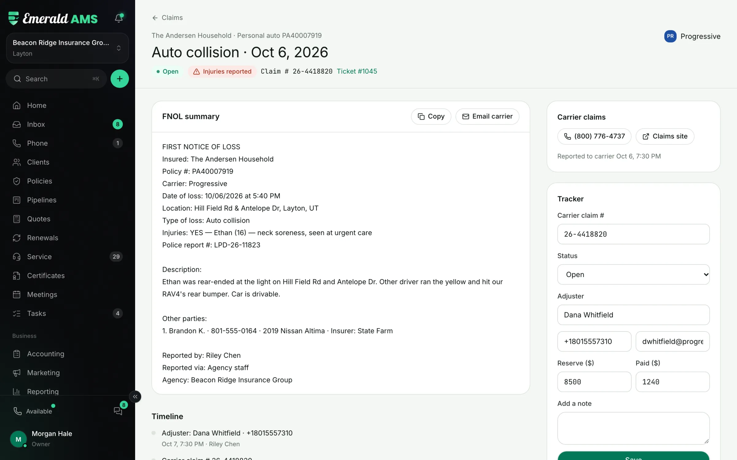 Auto collision claim with first notice of loss summary and carrier tracker
