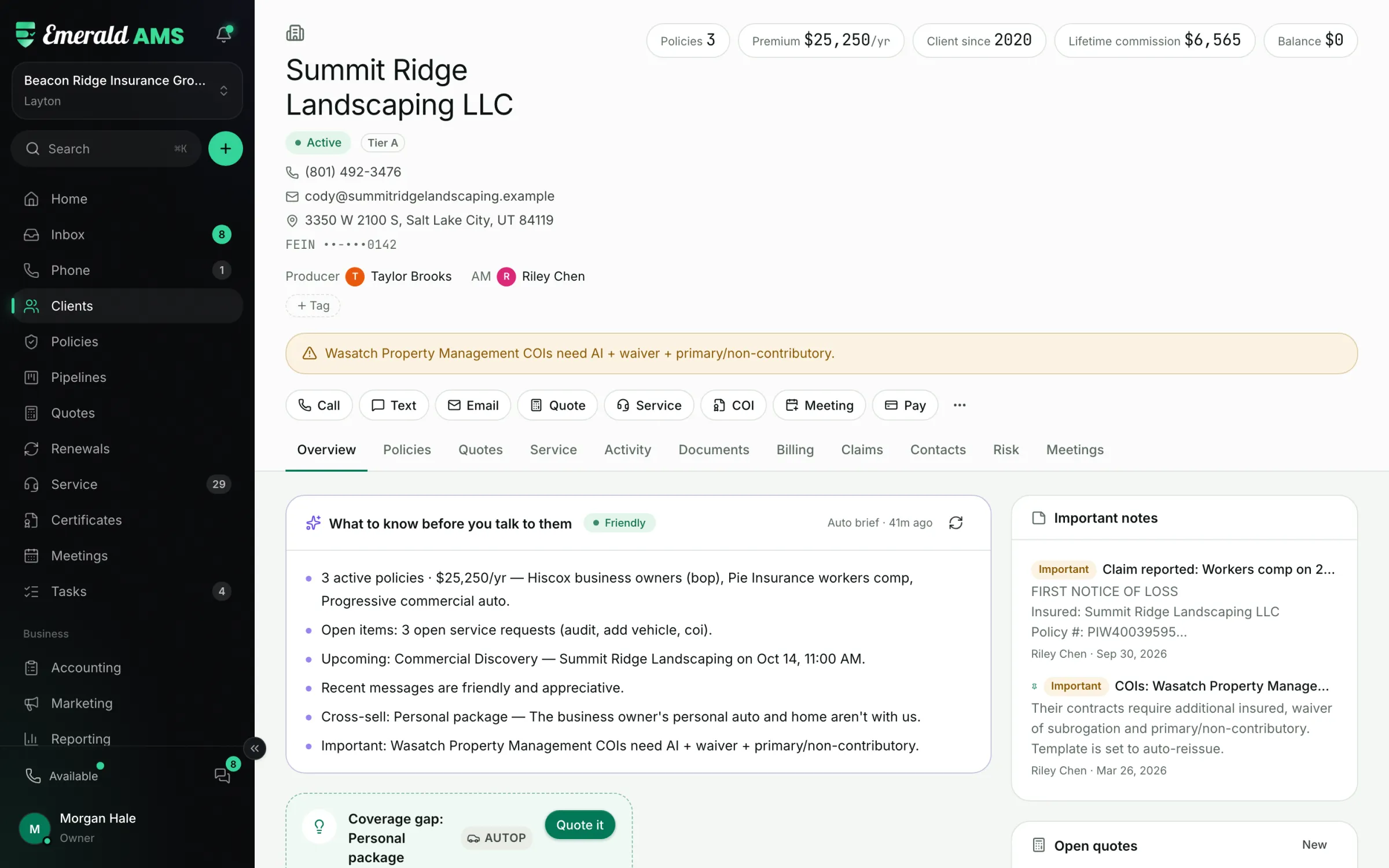 Summit Ridge Landscaping business client record with three commercial policies