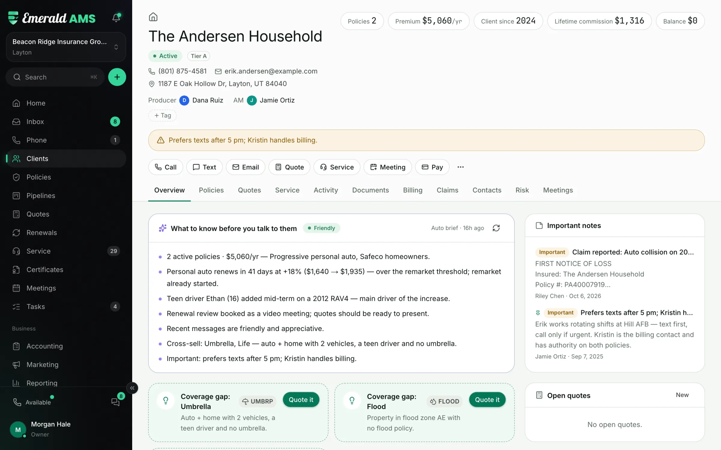 The Andersen Household client record: policies, premium, AI brief, notes and coverage gaps