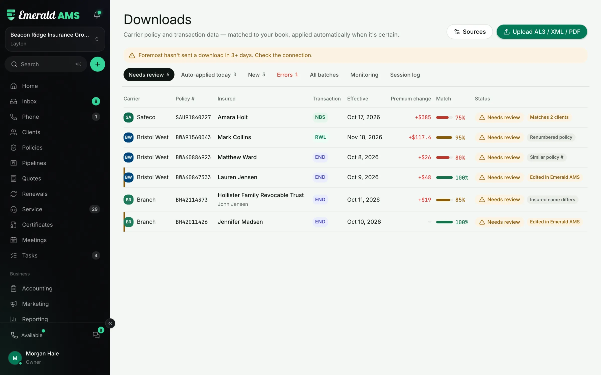 Carrier downloads queue matching AL3 transactions to policies