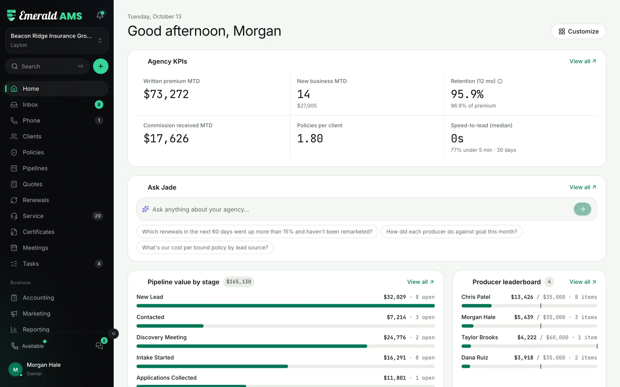 Emerald AMS home dashboard with agency KPIs, Ask Jade and pipeline value by stage