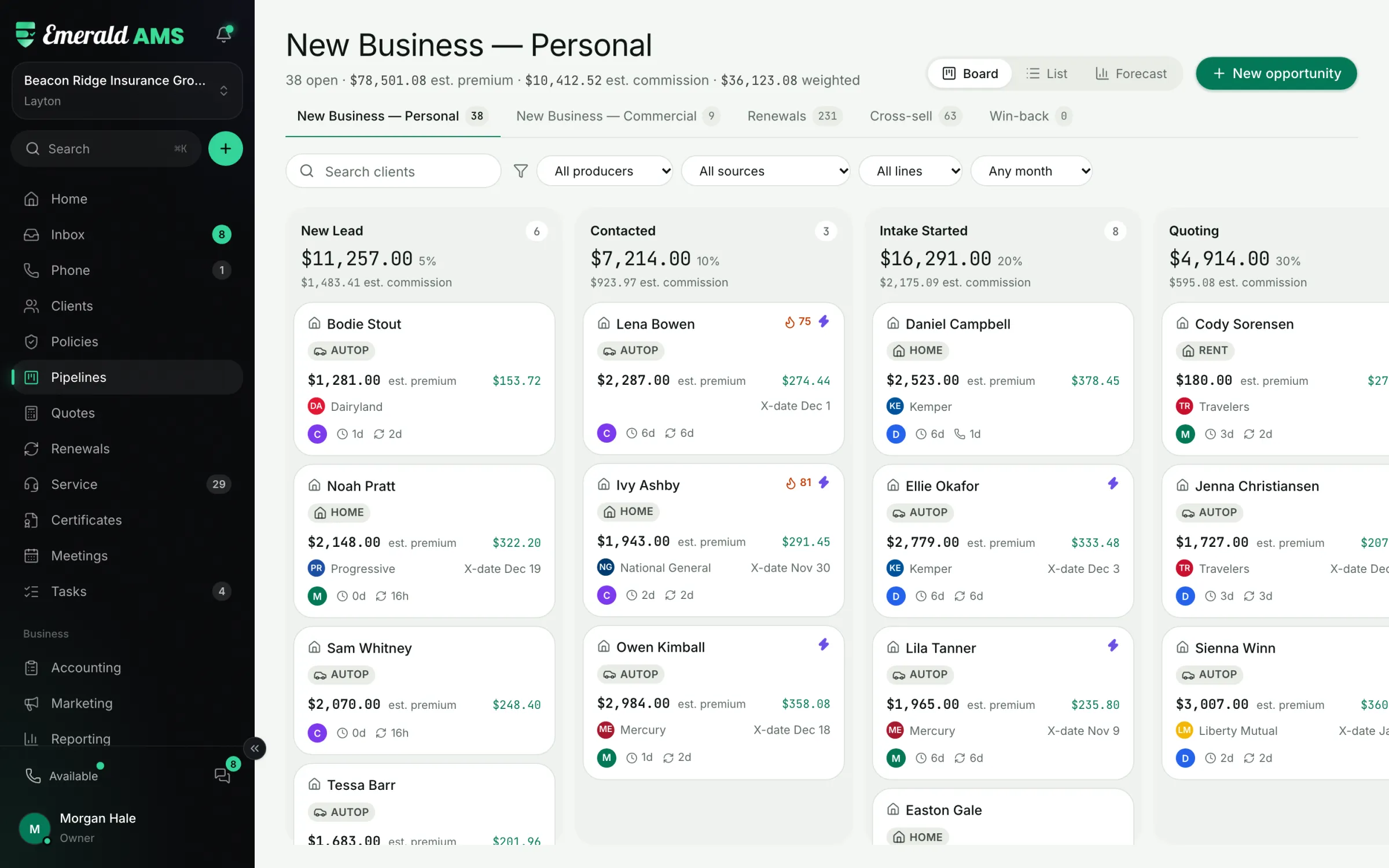 New business pipeline board with estimated premium and commission per stage