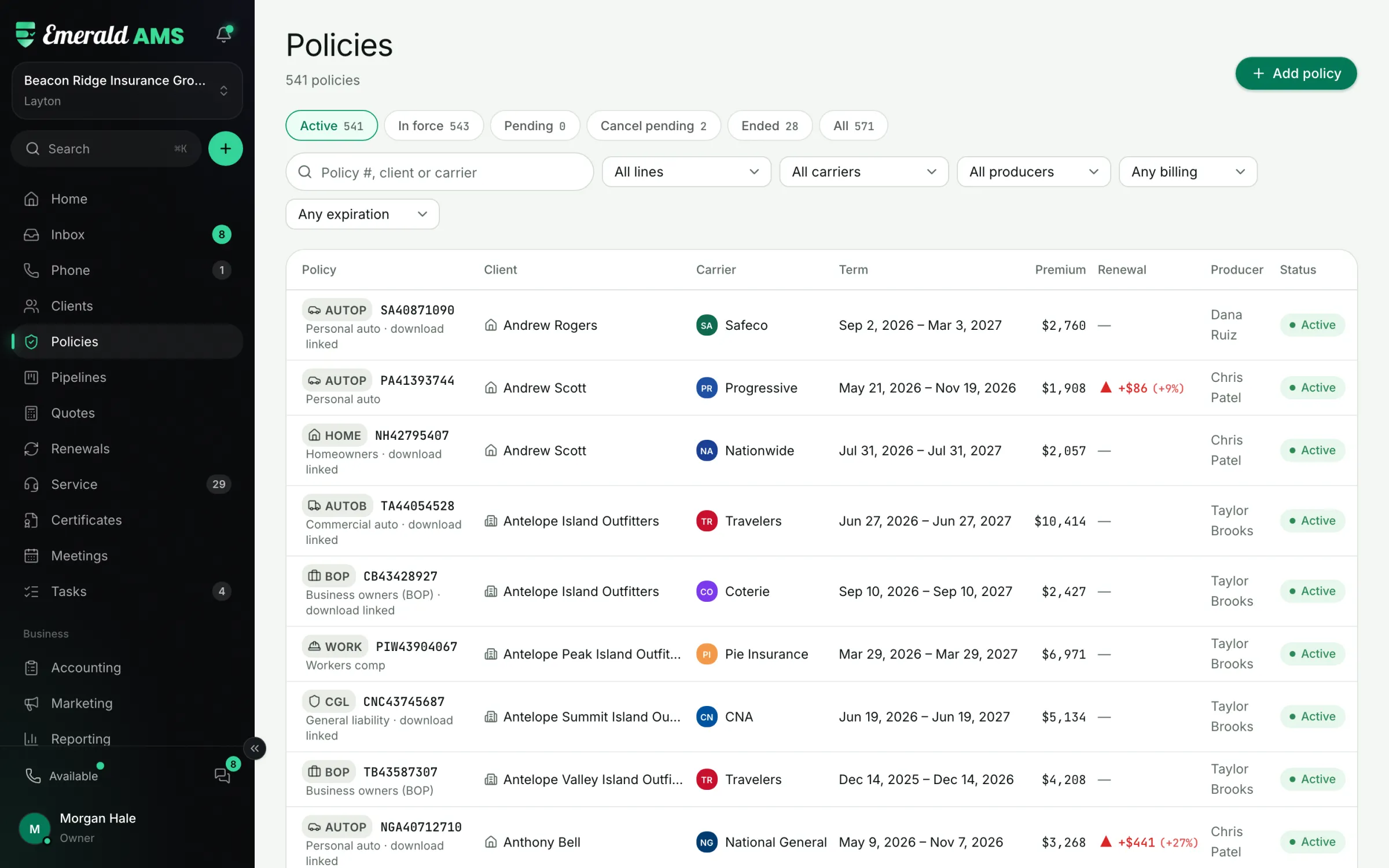 Policies list with carriers, terms, premium and renewal change