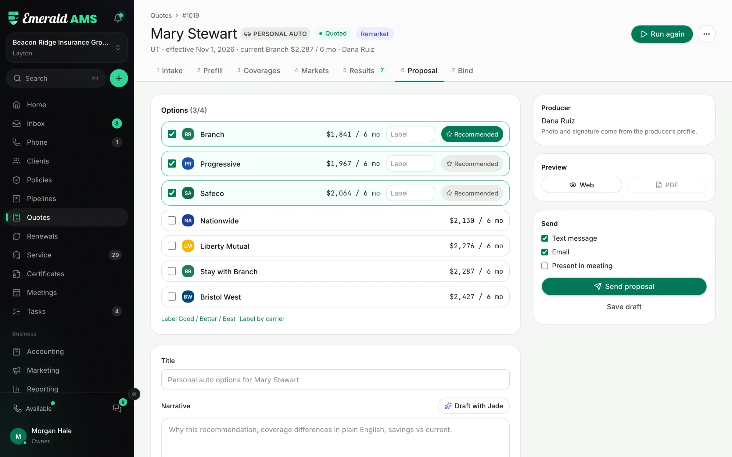 Proposal builder with three selected options and a Send proposal action