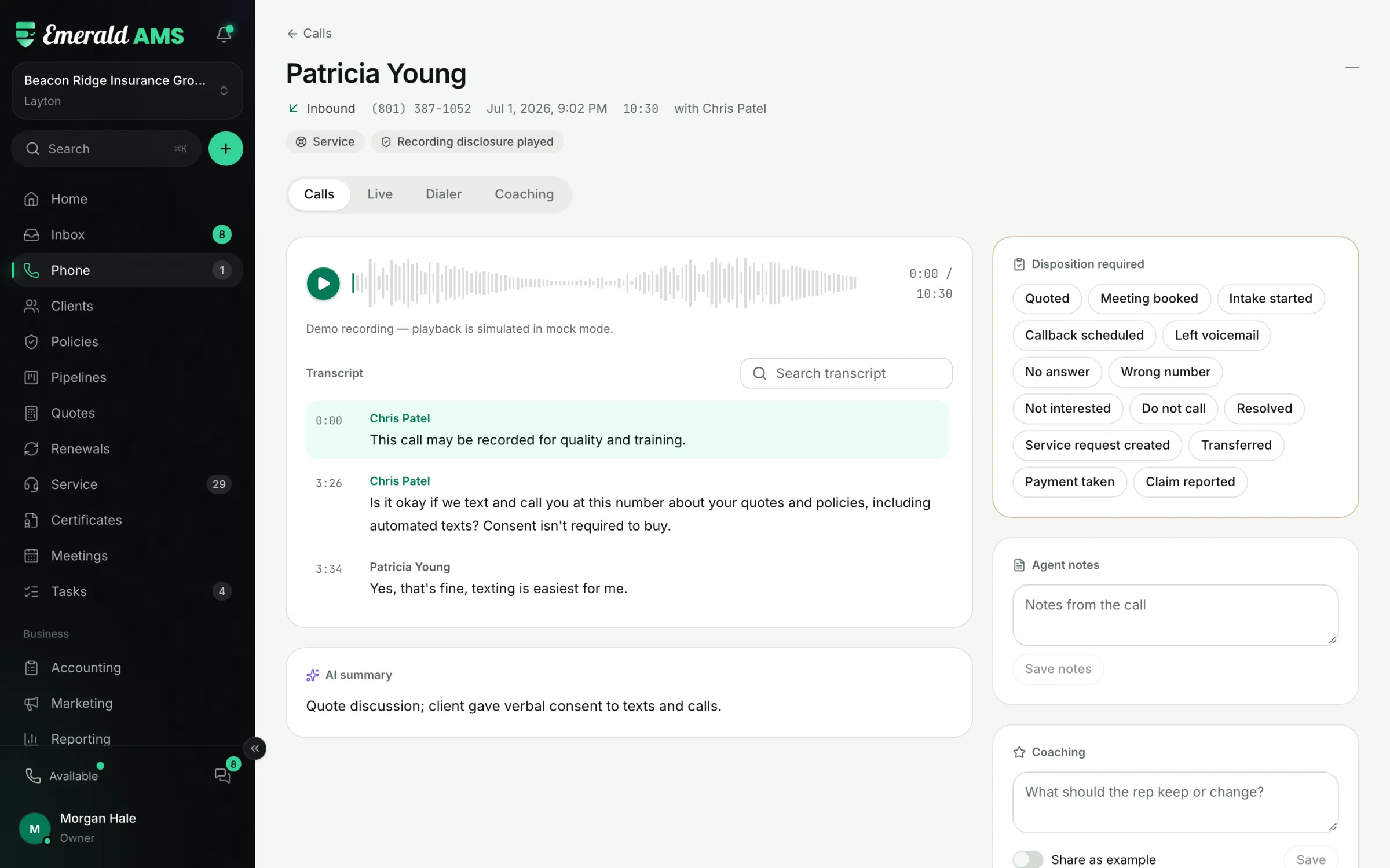Recorded inbound call with searchable transcript, disposition and AI summary