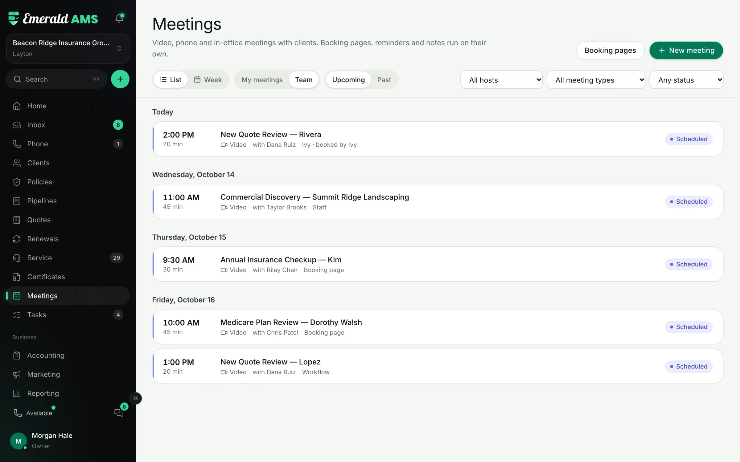 Upcoming client meetings, including one booked by Ivy