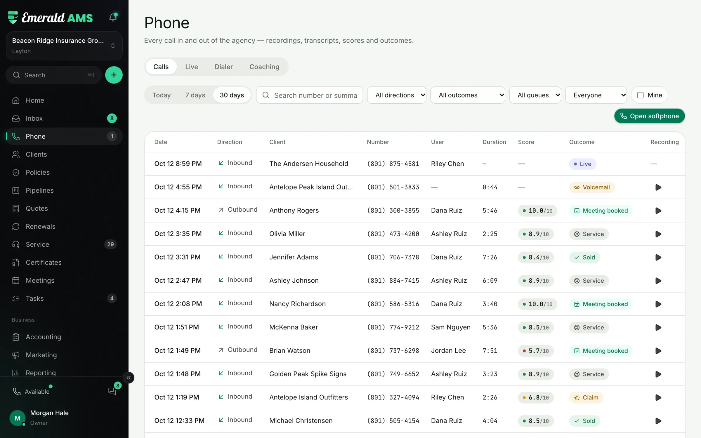 Phone call log with recordings, scores and outcomes for every call